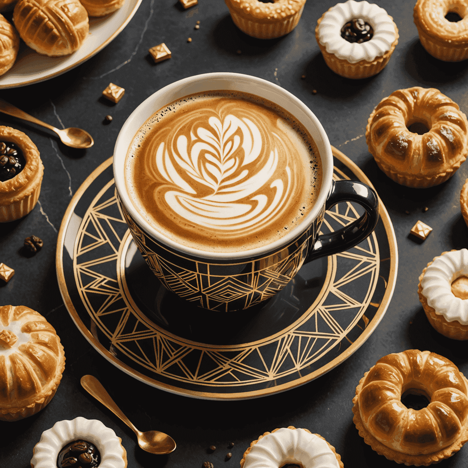 An Art Deco style illustration of a coffee cup next to an assortment of pastries, featuring geometric patterns and gold accents