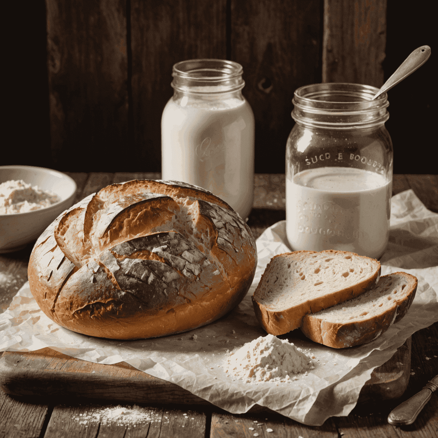 A freshly baked sourdough loaf with a perfect crust, next to a jar of sourdough starter and flour dusted on a rustic wooden table.