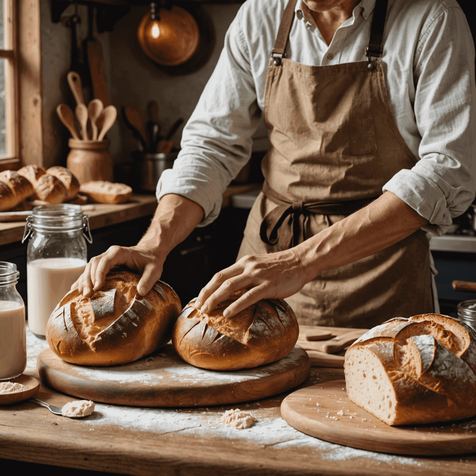 A rustic kitchen scene with hands kneading sourdough, a jar of bubbling starter, and a freshly baked loaf with a perfect crust