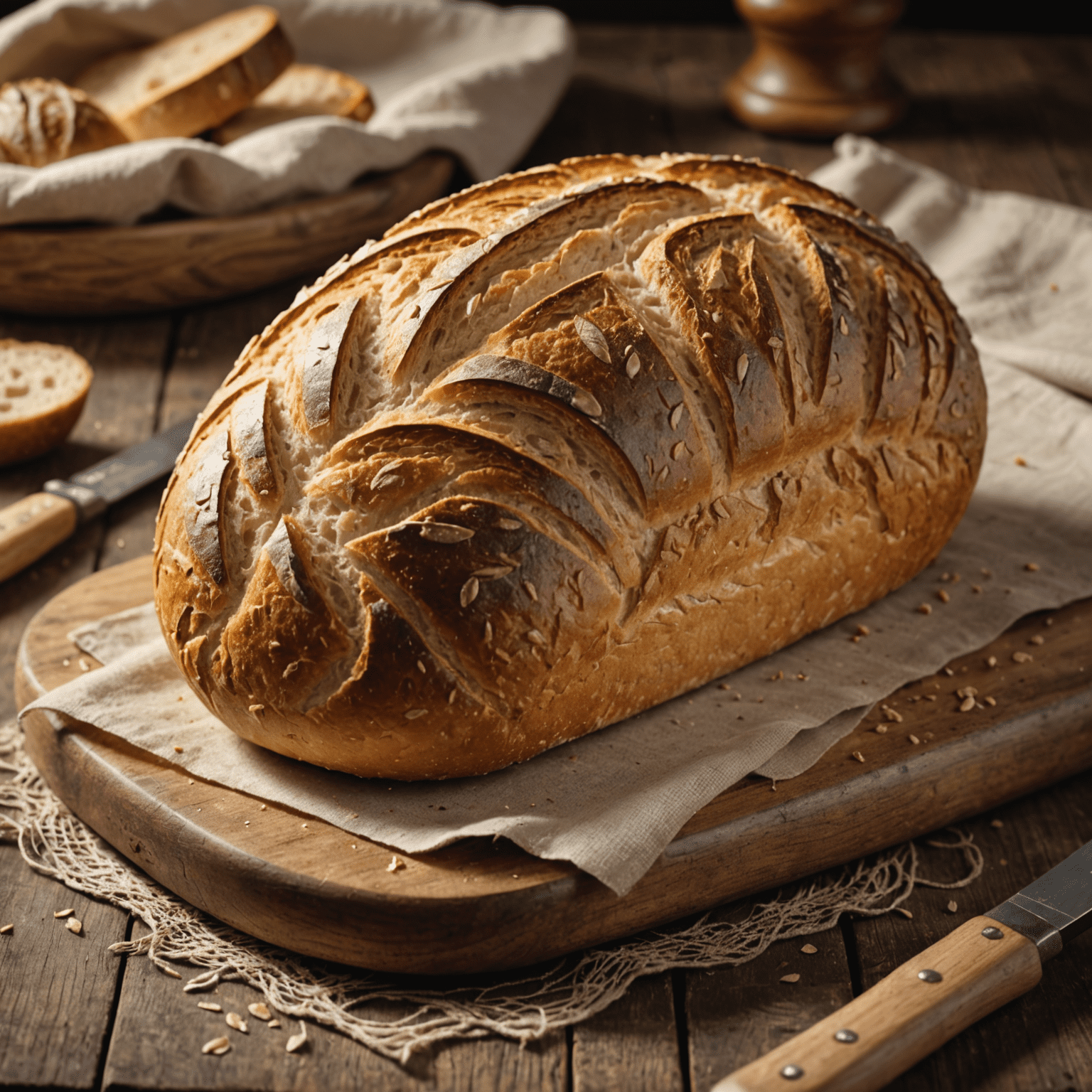 A beautifully crafted sourdough loaf with a golden crust and intricate scoring pattern, sitting on a rustic wooden board next to a linen cloth and a vintage bread knife