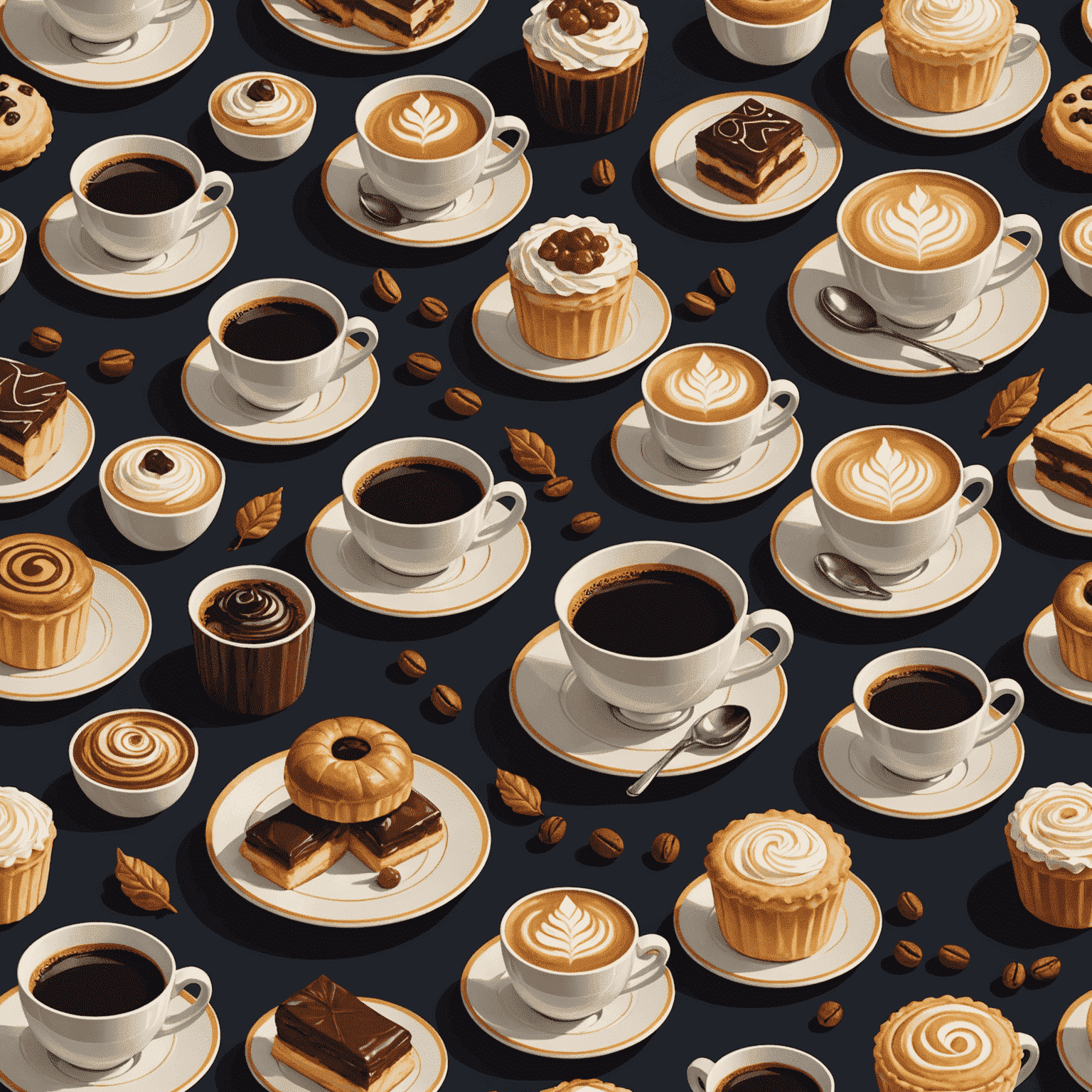 A stylized Art Deco illustration of various coffee cups paired with elegant pastries, showcasing different flavor combinations