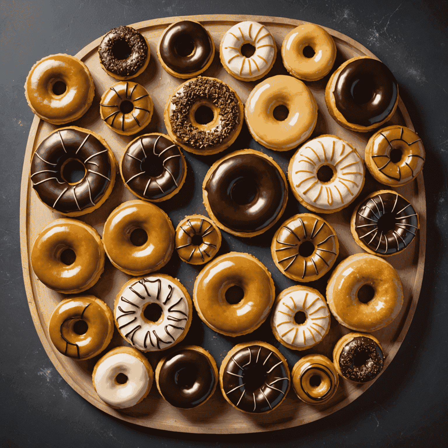 A beautifully arranged display of Canadian-inspired American pastries, featuring maple-glazed donuts, Nanaimo bar cheesecake, and butter tart-inspired cinnamon rolls