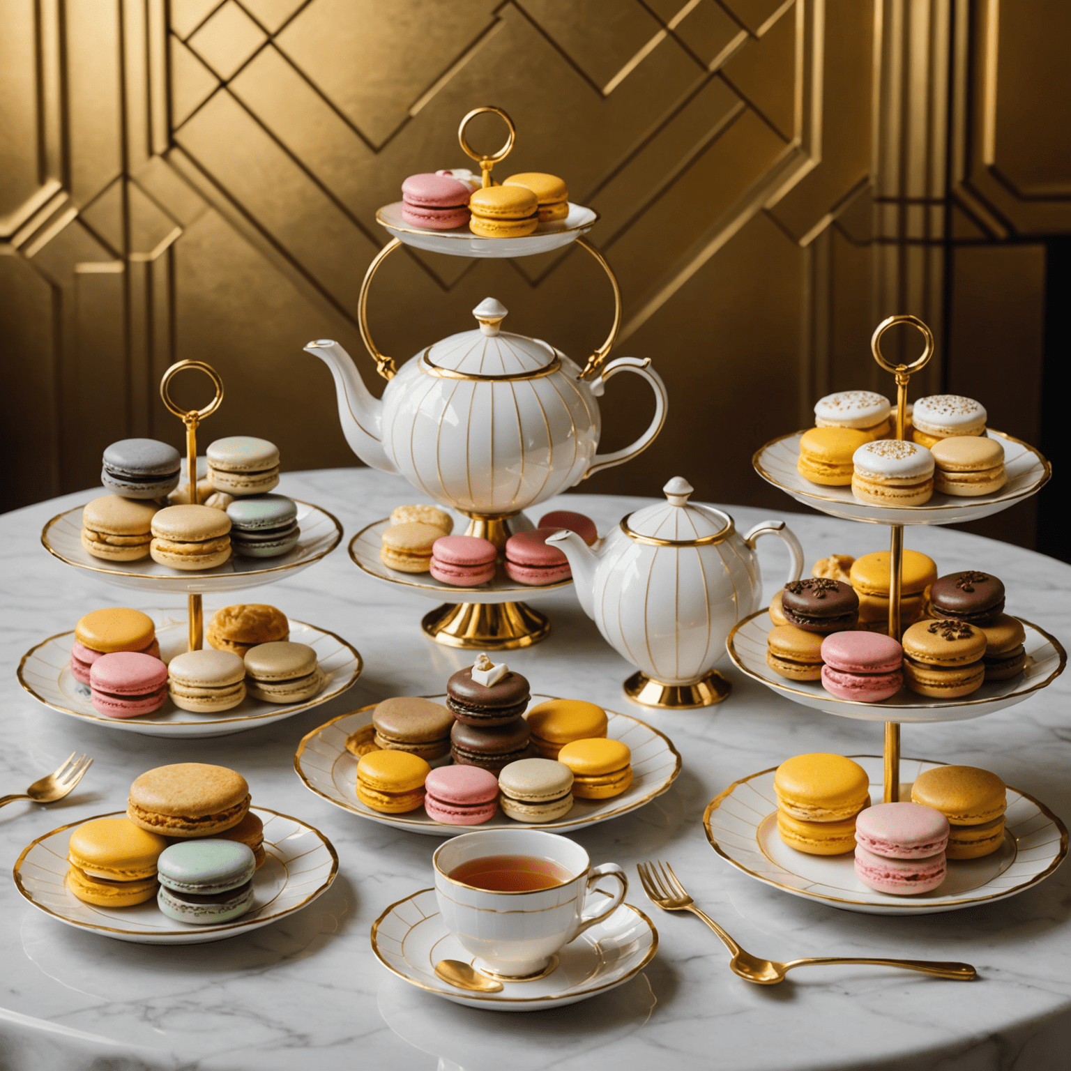 An elegant Art Deco style tea set with a variety of pastries including macarons, mini tarts, and delicate sandwiches arranged on a tiered stand. The background features geometric gold patterns typical of the Art Deco era.