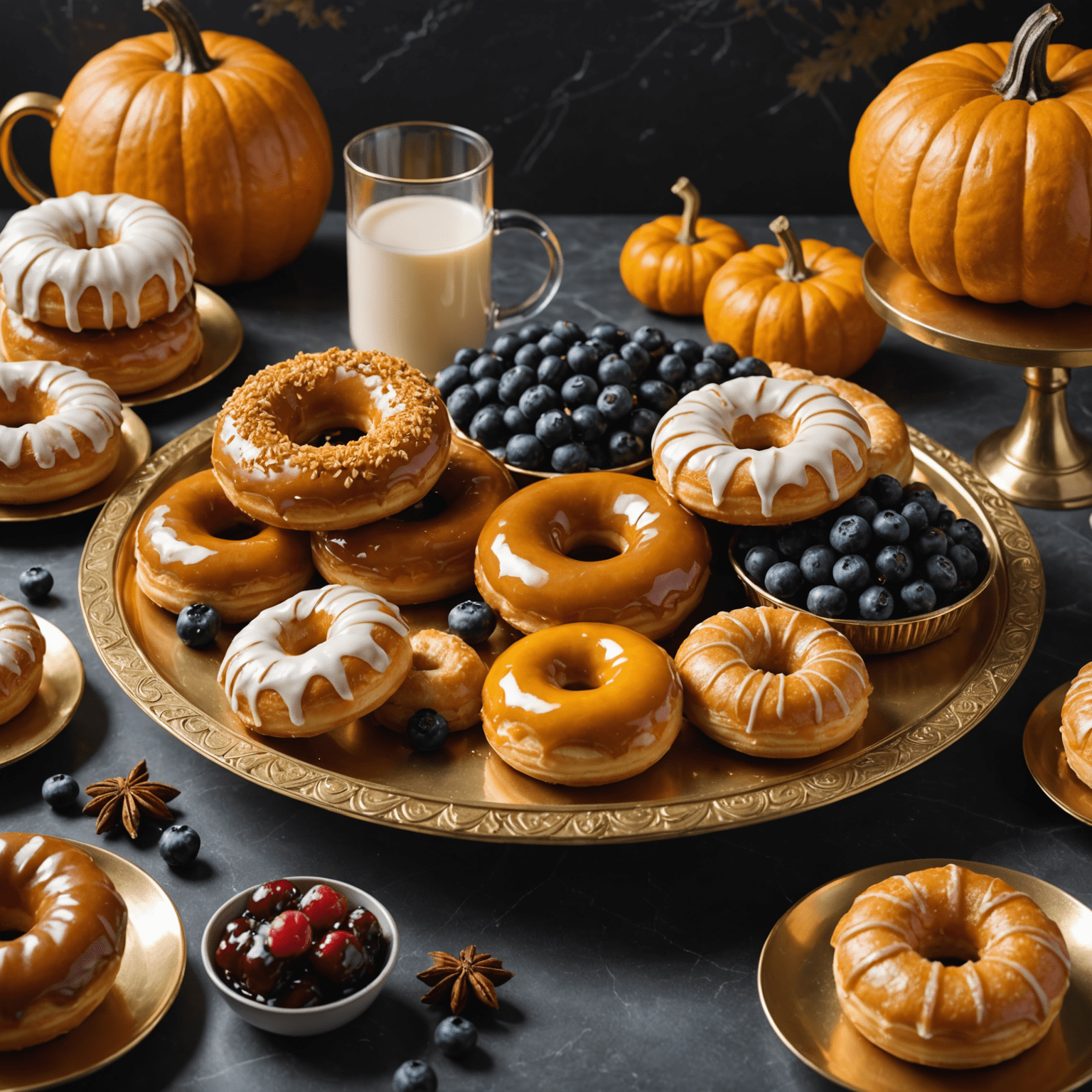 A beautifully arranged display of seasonal pastries featuring Canadian maple-glazed donuts, blueberry tarts, and pumpkin spice croissants, all presented on an Art Deco-inspired gold platter