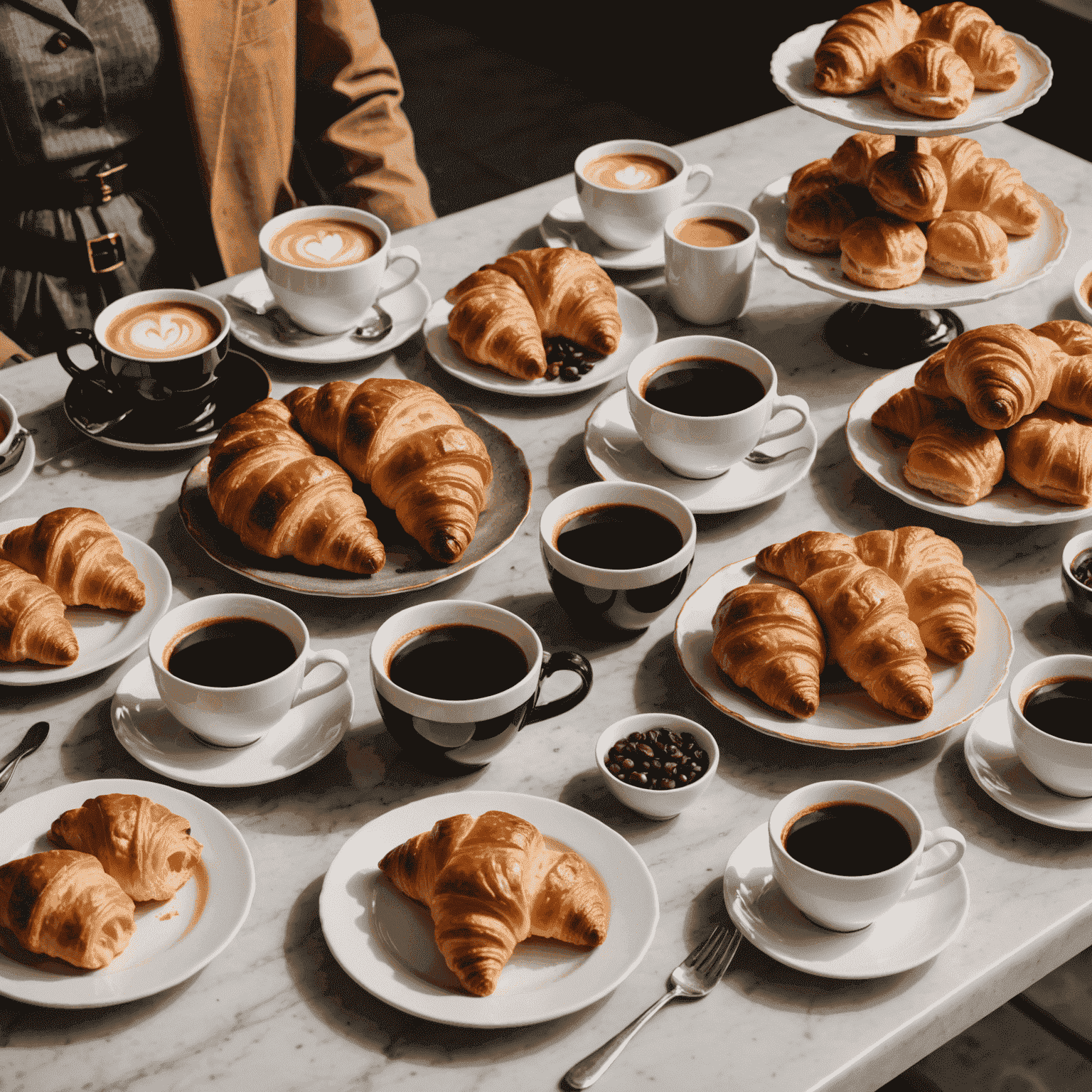 A beautifully arranged table with various pastries like croissants, danishes, and muffins next to different types of coffee in elegant cups, showcasing the art of coffee and pastry pairing.