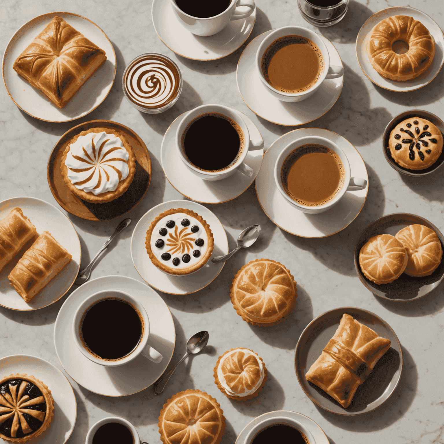 An elegant display of various coffee drinks alongside an assortment of pastries, with visual cues showing flavor pairings