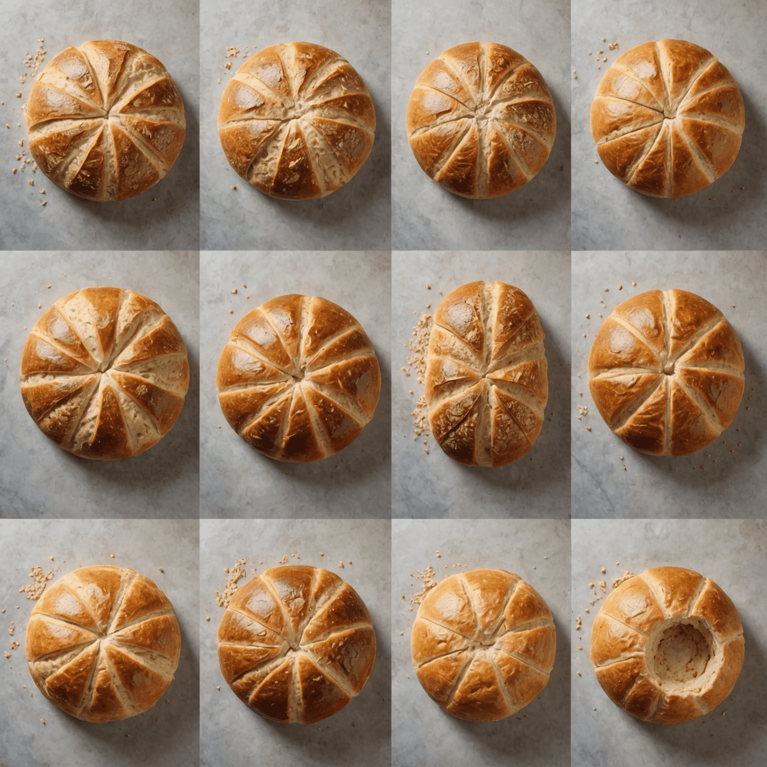 A series of images showing the sourdough baking process: mixing ingredients, kneading dough, shaping the loaf, scoring the top, and the final baked bread with a golden, crispy crust