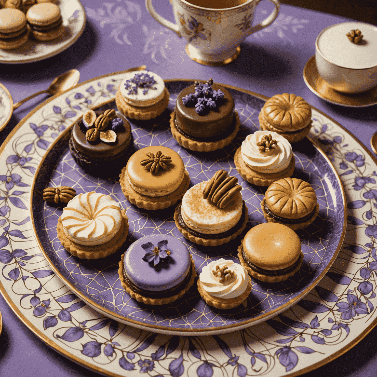 A close-up of a beautifully presented tea tray featuring an assortment of North American-inspired pastries including maple pecan tartlets, lavender macarons, and mini cheesecakes. The tray is set against an Art Deco patterned background.