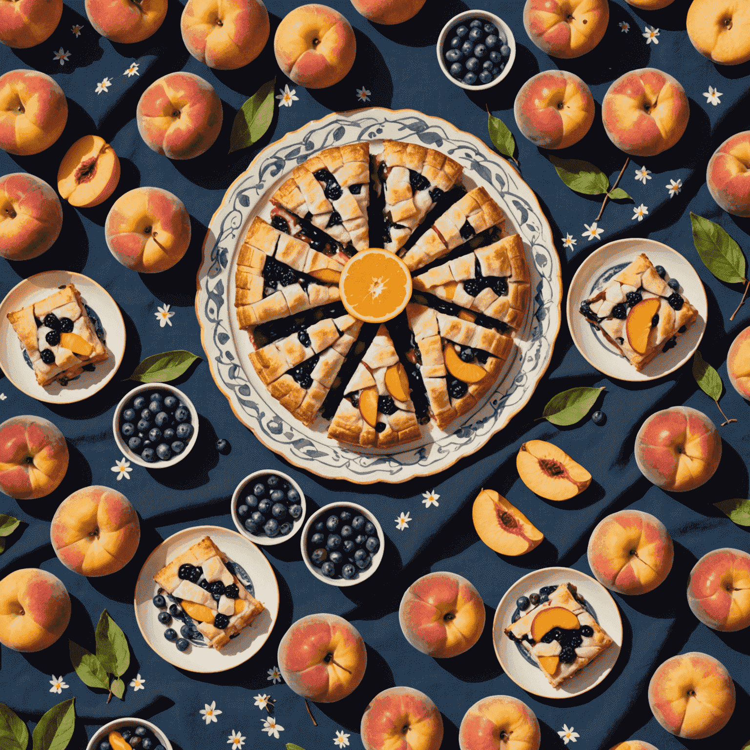 A summer picnic scene with Breadbute's Okanagan Peach Cobbler Danishes and Lemon Blueberry Scones arranged on a vintage Art Deco-patterned blanket, surrounded by fresh peaches and blueberries