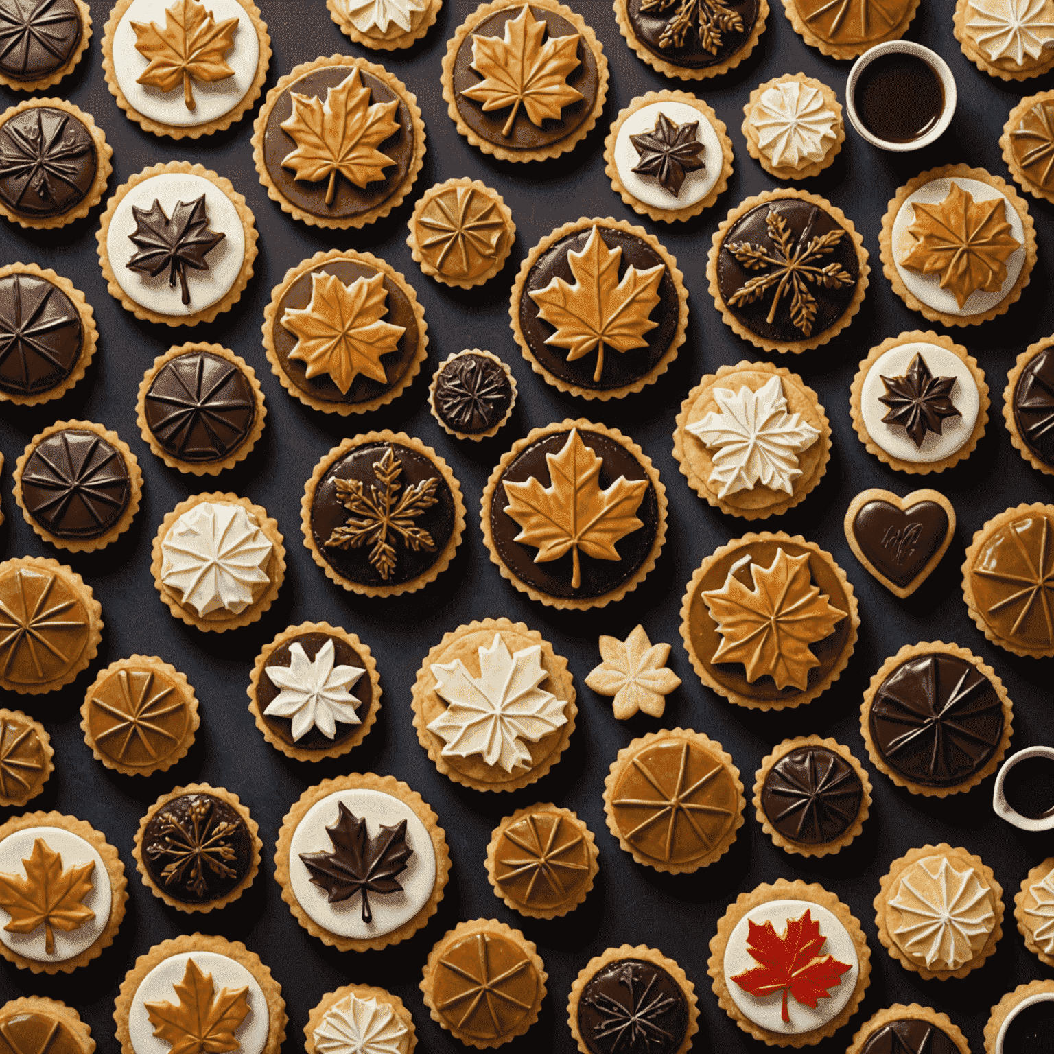 A display of Canadian-inspired pastries featuring maple leaf-shaped cookies, butter tarts, and Nanaimo bars, alongside traditional American pastries for comparison.