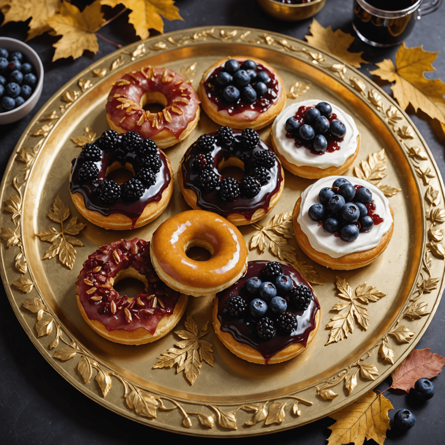 A close-up of Breadbute's signature Maple Bacon Donuts and slices of Saskatoon Berry Pie, arranged on an Art Deco-inspired gold serving tray with maple leaves and Saskatoon berries as garnish