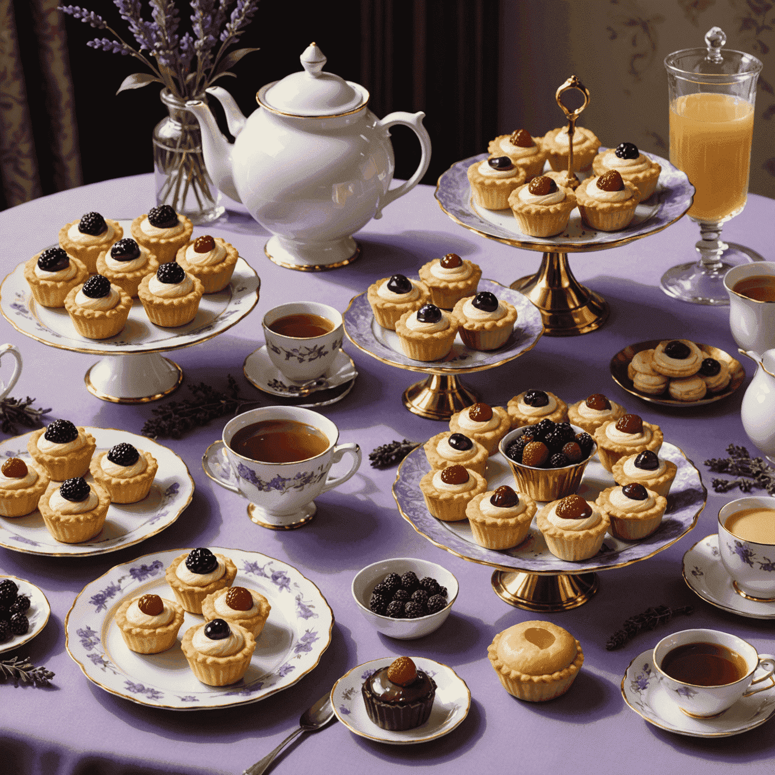 An elegant afternoon tea spread featuring a variety of unique pastries, including maple butter tarts, mini Boston cream pies, and lavender shortbread