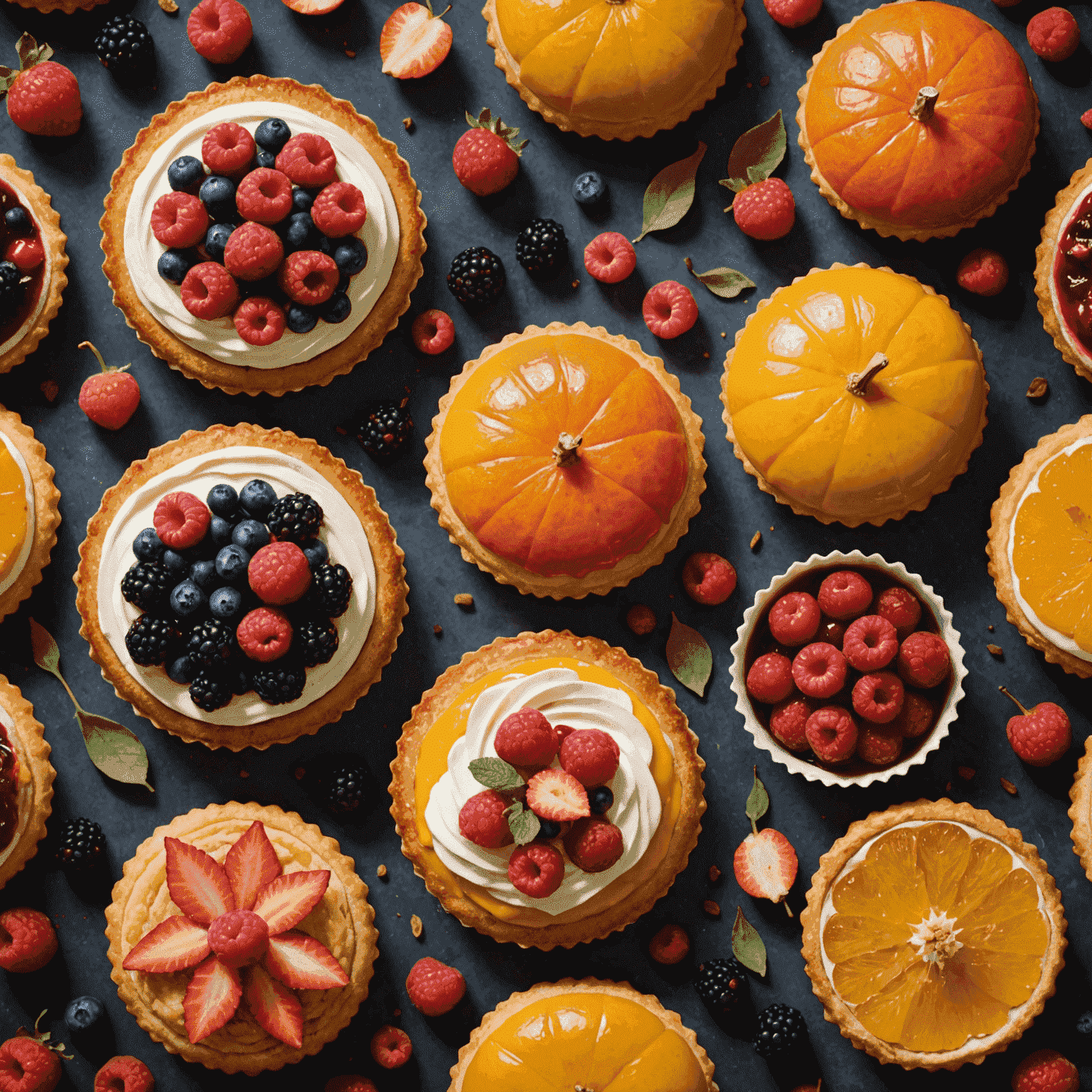 A collage of four pastries representing each season, featuring local Canadian ingredients like summer berries, autumn pumpkin, winter citrus, and spring rhubarb